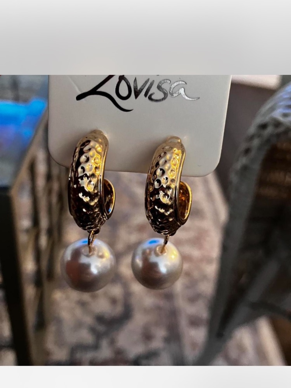 Gold Hammered Hoop Earrings with Pearl Drops - Picture 3 of 4